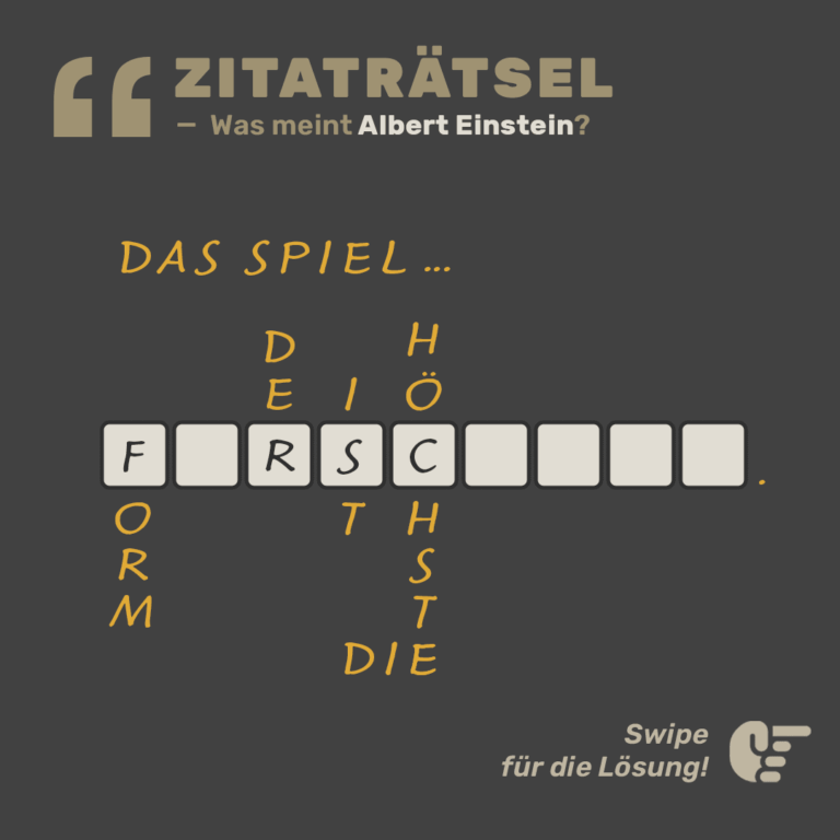 Zitat von Albert Einstein als Rätselgrafik mit Wort-Cluster und fehlenden Wörtern im Kreuzworträtsel-Stil.